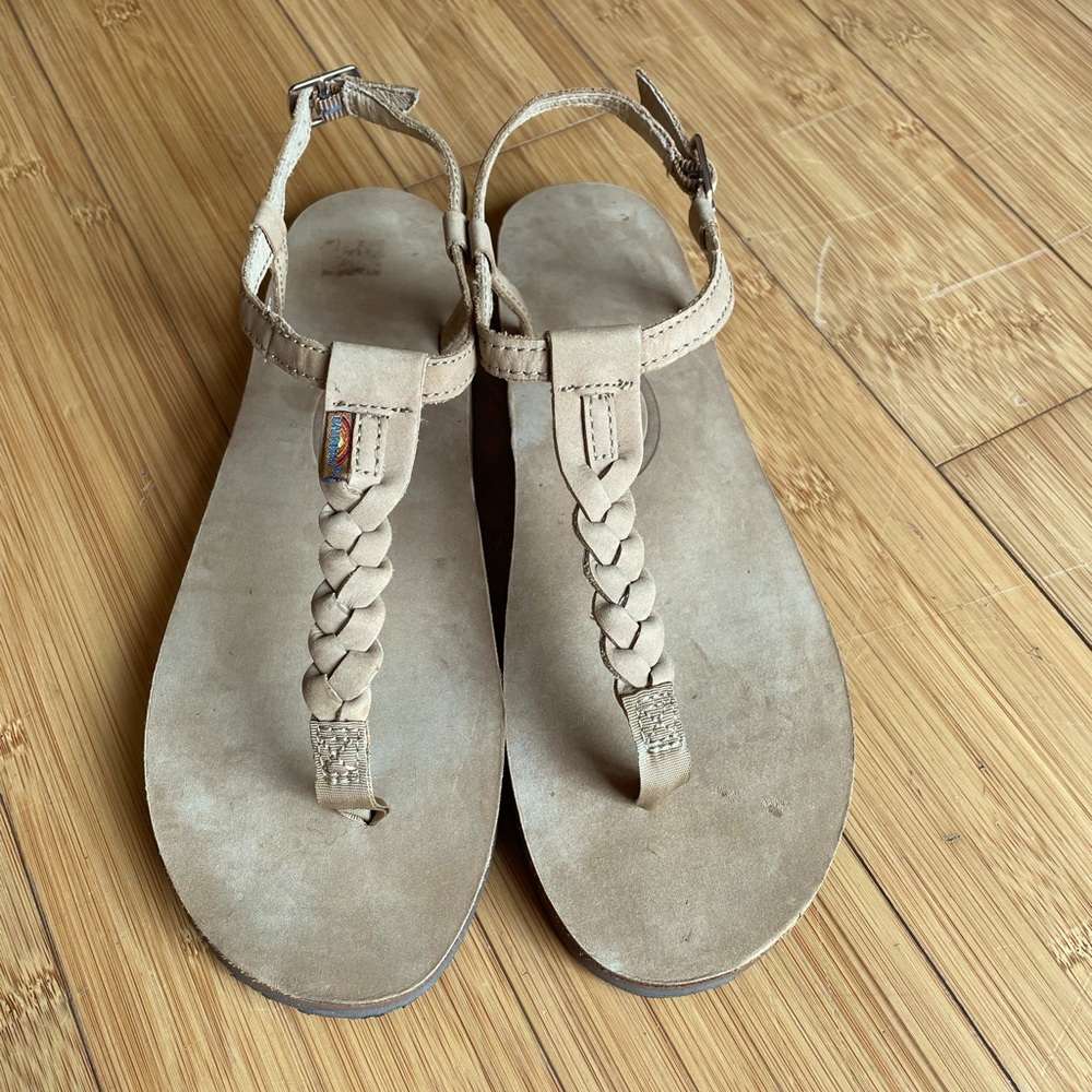 Rainbow braided t-strap sandals